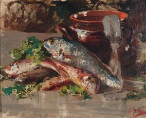 Stillleben Mit Fischen Und Keramiktopf