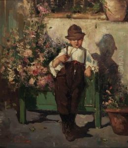 Knabe Mit Pfeife An Einen Blumenkasten Mit Malven Gelehnt Knabe Mit Pfeife An Einen Blumenkasten Mit Malven Gelehnt