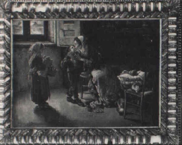 Interior Farmhouse Scene Of A Woman And Children - view 1