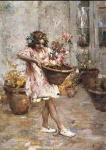 Portrait Of A Girl Moving Flowerpots Portrait Of A Girl Moving Flowerpots