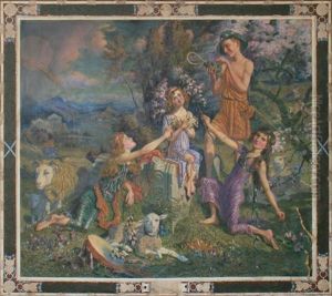 Arcadian Landscape With Figures Wearing Flowers, Seated Around A Fallen Corinthian Column by William Irving