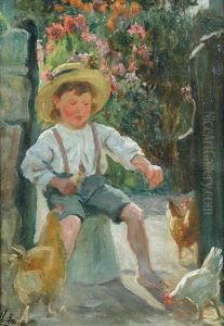 A Small Boy Feeding Chickens In A Garden In Summer by William Irving