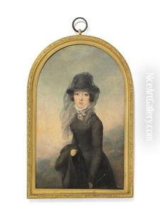 A Lady In Black Dress, Wearing A Hat And Veil And Holding A Riding Crop