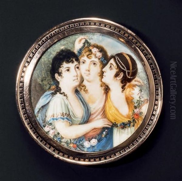 Les Trois Graces, Ou Triple Portrait De Jeunes Filles Vetues A L'antique Dans Une Grande Couronne De Fleurs - view 1