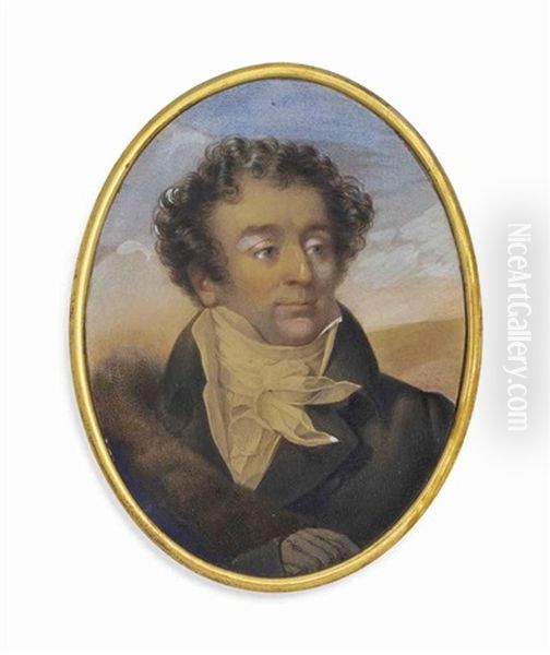 A Young Gentleman, In Brown Coat, White Waistcoat And Cravat, Fur-bordered Cloak, Wearing A Glove On His Right Hand, Curling Brown Hair; Sky Background - view 1