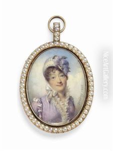 A Young Lady, In Lace-collared White Dress With Lilac Surcoat, Cream Bonnet Tied With White Ribbon Under Her Chin, The Bonnet Decorated With Lilac Wisteria; Sky Background