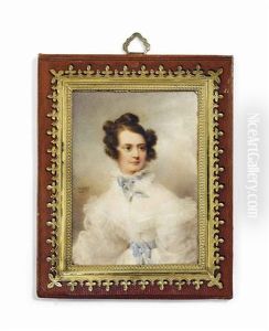 A Young Lady, In White Diaphanous Dress With Blue Sash And Ribbon Around Her Upstand Frilled Collar; Stormy Sky Background