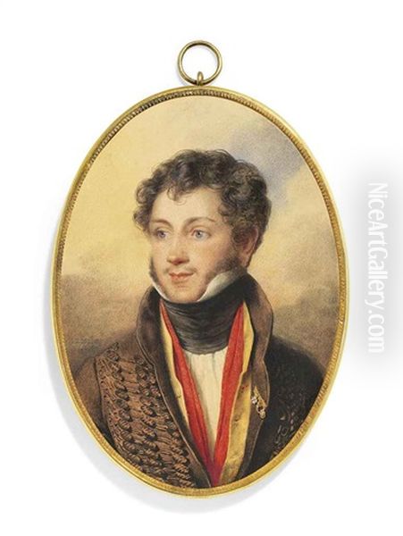 A Young Gentleman, In Open Brown Coat With Frogging, Buff Colored Waistcoat, Red Scarf, White Shirt, Black Stock, Wearing Three Orders, Brown Hair And Sideburns - view 1