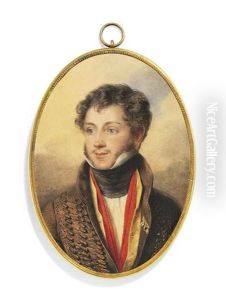A Young Gentleman, In Open Brown Coat With Frogging, Buff Colored Waistcoat, Red Scarf, White Shirt, Black Stock, Wearing Three Orders, Brown Hair And Sideburns