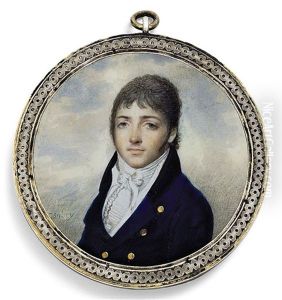 A Young Gentleman, In Blue Coat With Brass Buttons, Tied White Cravat, Fair Hair And Sideburns by Jean-Baptiste Isabey