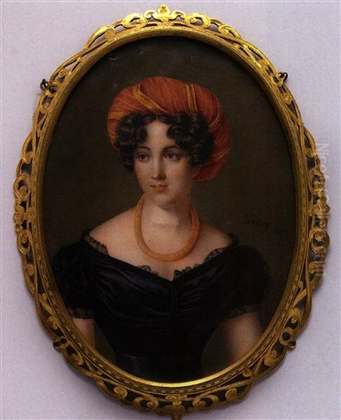 Portrait Einer Bildschonen Aristokratin Im Schwarzen Taftkleid Und Mit Rotem Turban - view 1