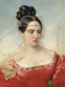 A Young Lady Called Madame De Senonnes, In Red Silk Dress, The Border Encrusted With Multi-coloured Jewels And Gold-bordered White Underdress, Gold Necklace Worn As A Headband