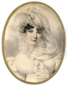 A Young Lady In White Dress, Pale Pink Sash And Bows At Shoulders, Ruffled Lace Bonnet Tied With Pale Pink Ribbon Under Her Chin And Yellow Straw Hat Adorned With Pink Roses by Jean-Baptiste Isabey