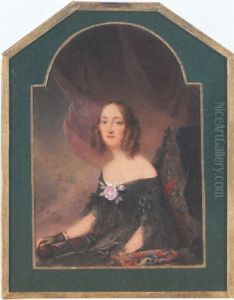 A Young Lady, Her Hair In Ringlets, Wears Decollete Black Dress, Black Gauze Fingerless Glove, Pearl Set Gold Bangles And Large Pink Rose