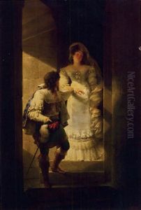 A Man And A Woman Descending A Spiral Staircase In The Chateau D'harcourt by Jean-Baptiste Isabey