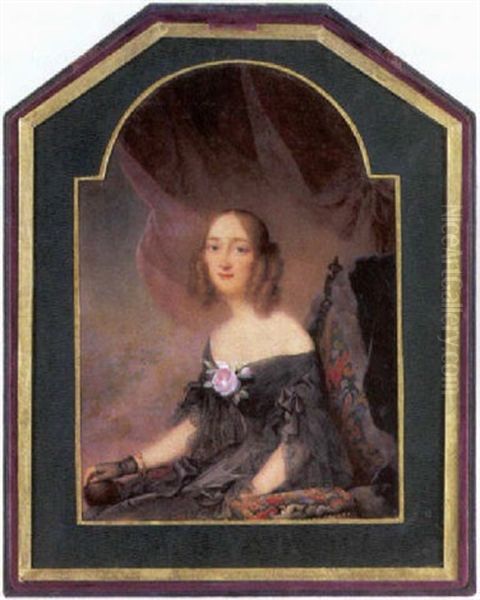 Une Jeune Femme Assise Dans Un Fauteuil Garni De Tapisserie Polychrome, Vetue D'une Robe De Soie Noire Bordee De Dentelles Et Piquee D'une Rose - view 1