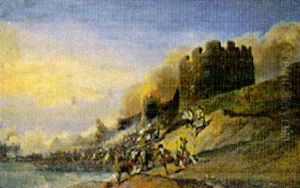 Battle Scene At Castle by Jean-Baptiste Isabey