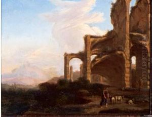 Troupeau Et Personnage Dans Un Paysage De Ruines A L'antique by Breenburg Bartholomaus