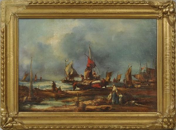 Strandszene Mit Hinausfahrenden Fischerbooten - view 1