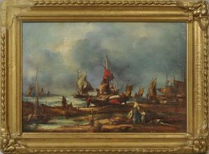 Strandszene Mit Hinausfahrenden Fischerbooten by Louis-Gabriel-Eugene Isabey
