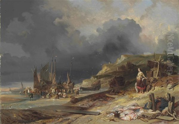 Scene De Plage, Pecheurs Dechargeant Leurs Bateaux - view 1