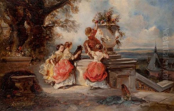 Enfants Et Vasque De Fleurs Dans Un Parc - view 1
