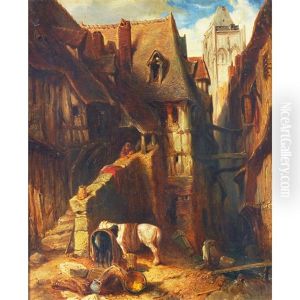 Town Scene With Rustic Watching Over His Horses