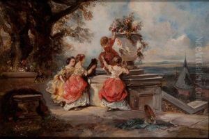 Enfants Et Vasques De Fleurs Dans Un Parc by Louis-Gabriel-Eugene Isabey