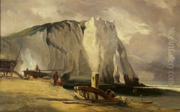 Pecheurs Et Barque Pres D'une Falaise D'etretat - view 1
