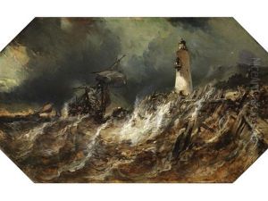 Vor Klippenufer Mit Leuchtturm Kenterndes Segelschiff