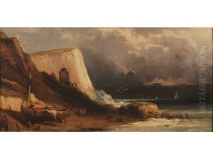 Pecheurs Et Barque Pres D'une Falaise En Normandie by Louis-Gabriel-Eugene Isabey