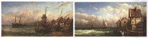 Franzosische Kustenlandschaften Mit Fischerbooten (pair) by Louis-Gabriel-Eugene Isabey