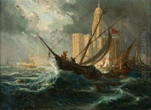 Shipping In Stormy Waters Off A Coastal City
