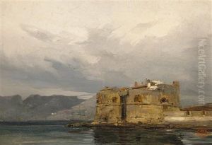 A View Of A Fortification Along A Coast