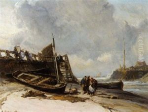 Barques Sur La Greve by Louis-Gabriel-Eugene Isabey