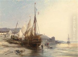 Fishing Boats On The Beach At Low Tide by Louis-Gabriel-Eugene Isabey