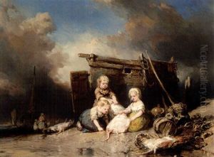 Fischerkinder Am Strand by Louis-Gabriel-Eugene Isabey