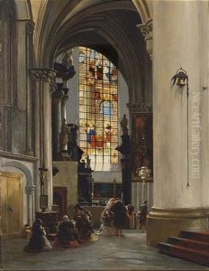Figures In A Church Interior (collab. W/jean Baptiste Van Moer) by Louis-Gabriel-Eugene Isabey