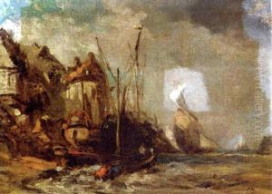 Vessels At A Coastal Town by Louis-Gabriel-Eugene Isabey