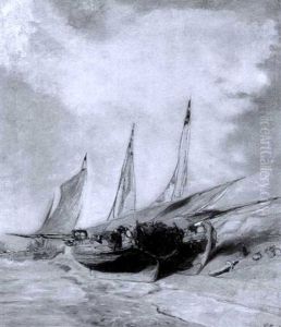 Fishing Boats At Low Tide (+ Ship On The High Seas, Smaller, Stamped; 2 Works) by Louis-Gabriel-Eugene Isabey