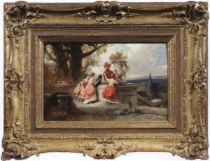 Vier Elegant Gekleidete Junge Madchen Auf Einer Terrasse by Louis-Gabriel-Eugene Isabey