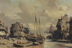 A Harbour Scene In A Town by Louis-Gabriel-Eugene Isabey