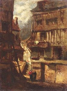 Fachwerkhauser In Einer Franzosischen Kleinstadt by Louis-Gabriel-Eugene Isabey