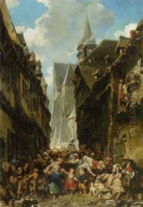 Topfermarkt In Einer Altstadtgasse (normandie?) by Louis-Gabriel-Eugene Isabey