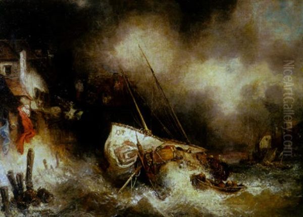 A Stormy Night With Three Fishing Boats In Distress - view 1