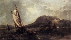 A Coastal Scene With Shipping Offshore And A Mountain Beyond