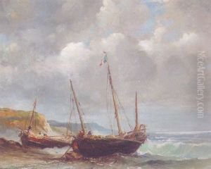 Fishing Boats Running Aground In A Rough Sea by Louis-Gabriel-Eugene Isabey