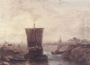 A River At Lowtide With A Boat Pulling Dinghies Upstream, Figures And Cattle On The Bank And A View Of A Town Beyond