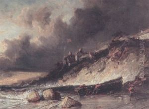 A Seascape With Figures Pulling A Dinghy Ashore In The Foreground And A Storm Threathening Overhead
