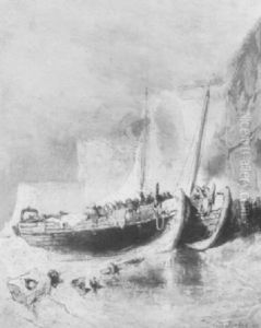 Fischer Mit Zwei Trocken Aufliegenden Booten An Der Steilkuste by Louis-Gabriel-Eugene Isabey